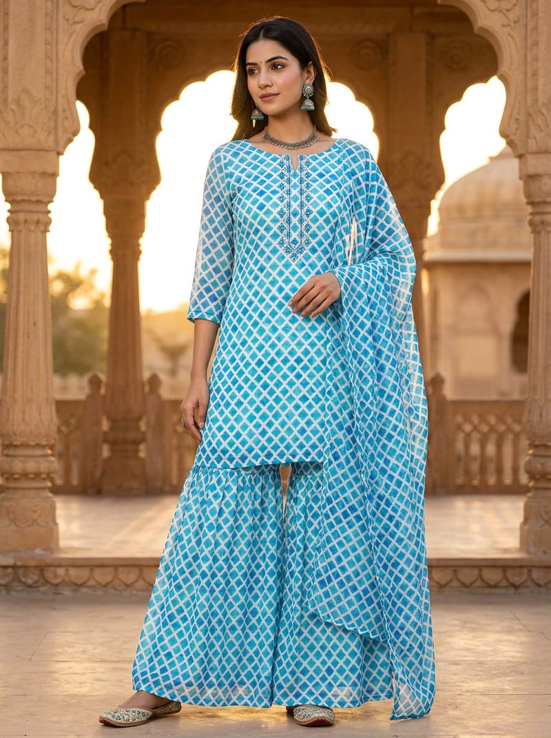 Blue Watercolor Geometric Lattice Pure Georgette Digital Printed Fabric