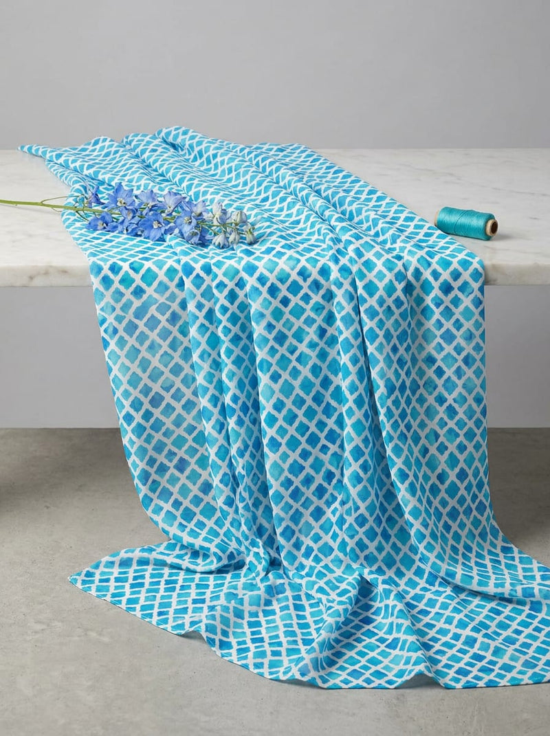 Blue Watercolor Geometric Lattice Pure Georgette Digital Printed Fabric