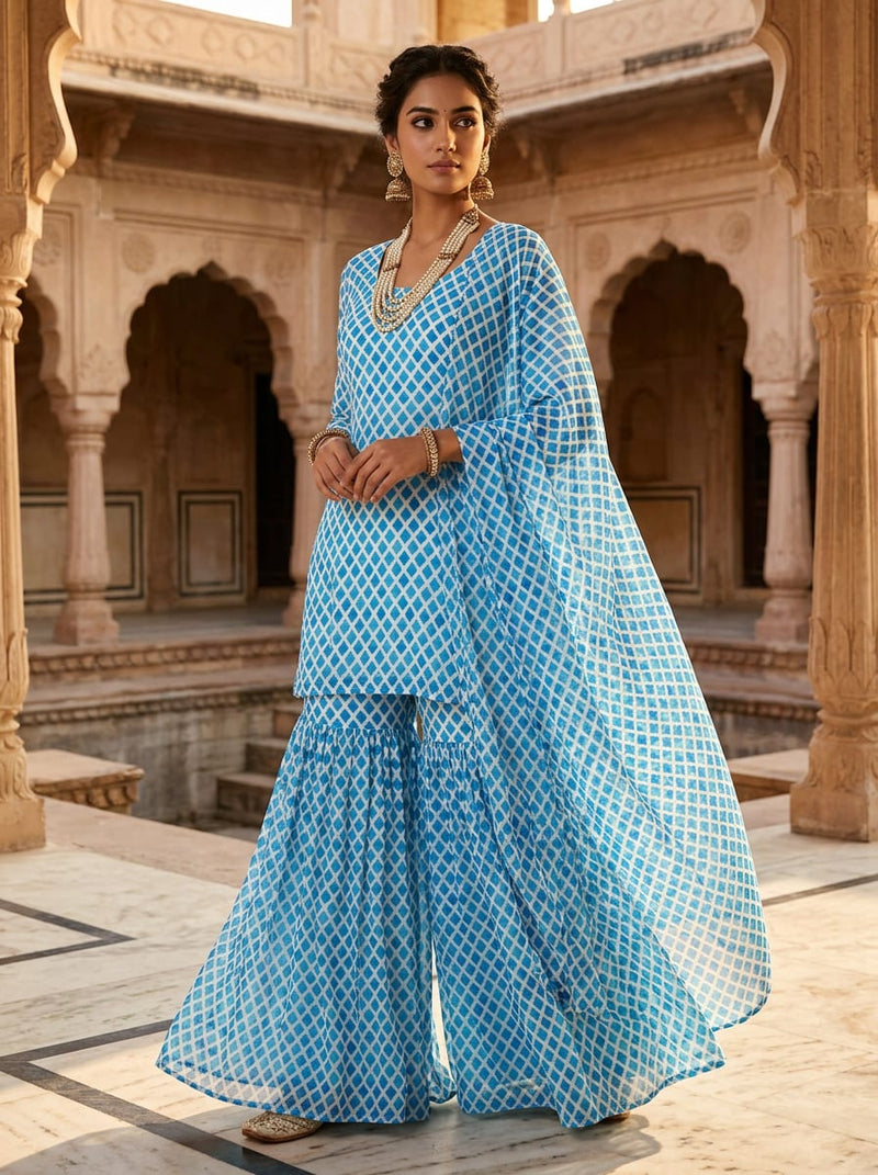 Blue Watercolor Geometric Lattice Pure Georgette Digital Printed Fabric
