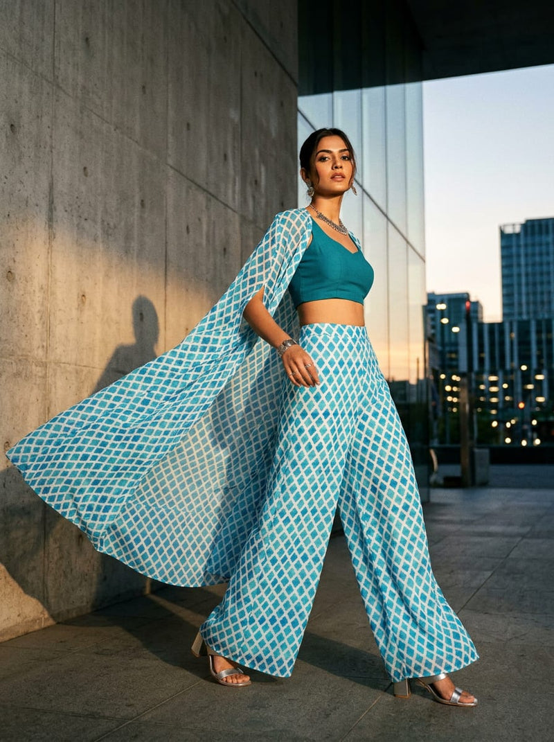 Blue Watercolor Geometric Lattice Pure Georgette Digital Printed Fabric
