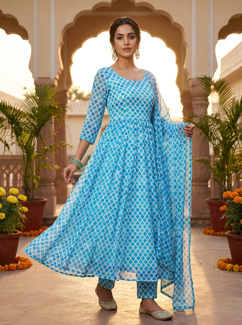 Blue Watercolor Geometric Lattice Pure Georgette Digital Printed Fabric