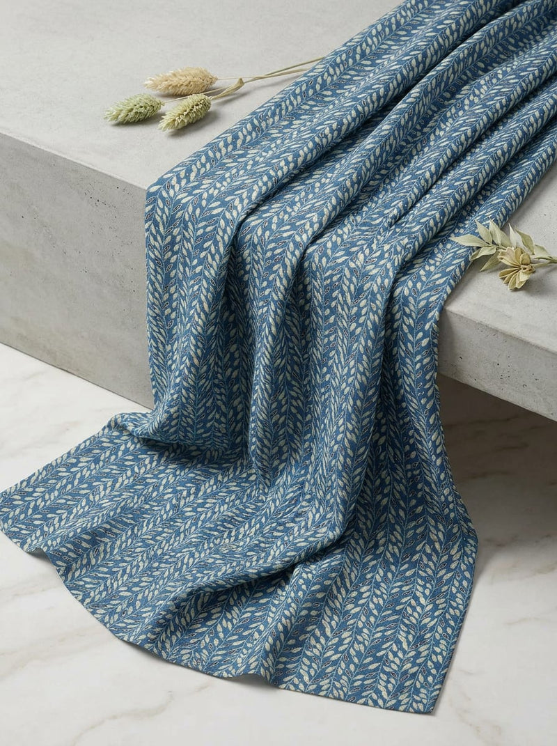 Blue and Cream Botanical Leaf Vine Weightless Digital Printed Fabric