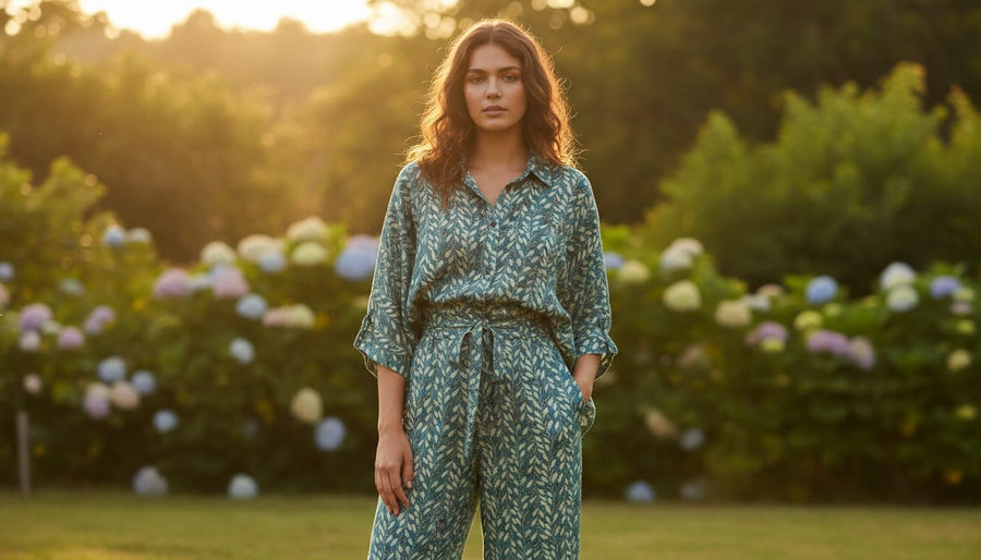 Beautiful Valley Of Leaves With Blue Digital Printed Fabric - Pure Muslin