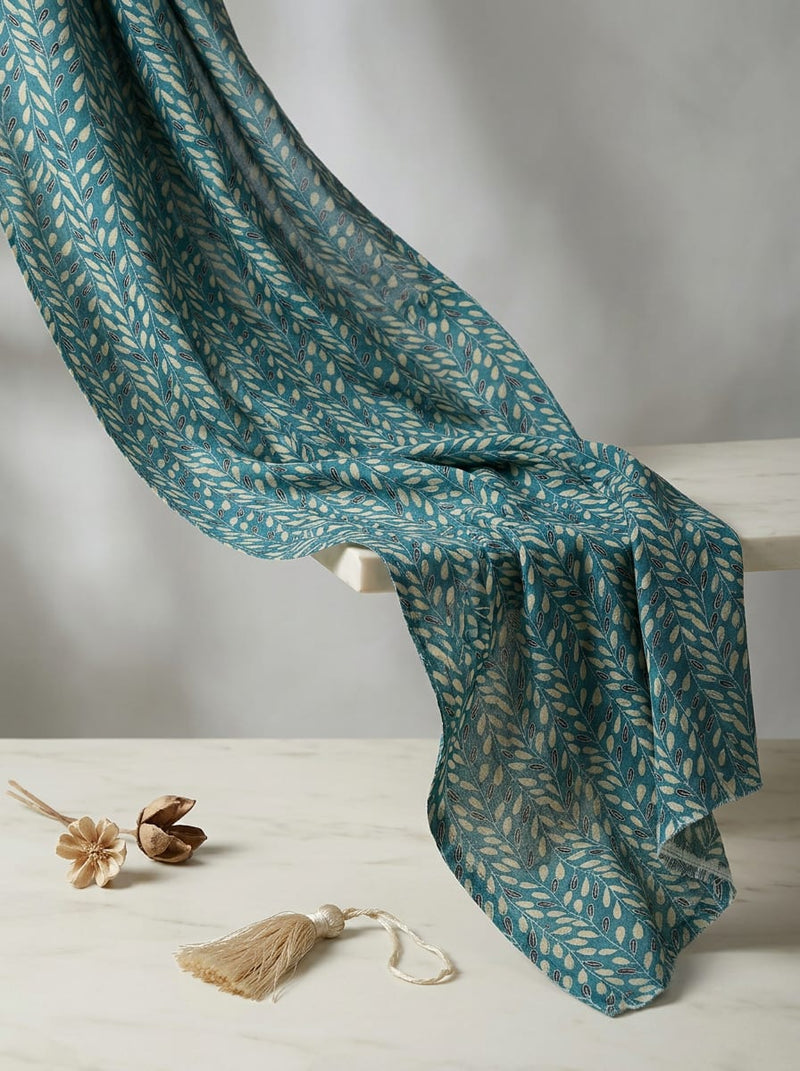 Teal Ethnic Botanical Vine Pure Muslin Digital Printed Fabric