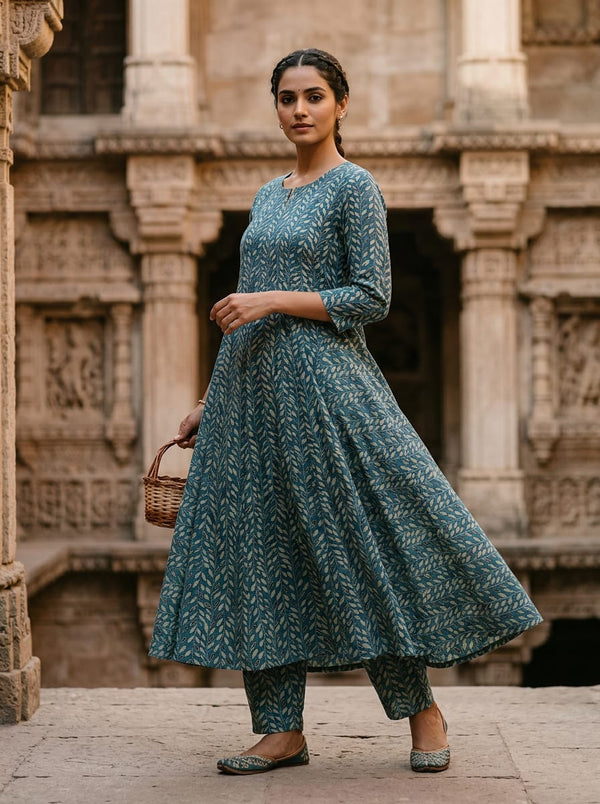 Teal Ethnic Botanical Vine Pure Muslin Digital Printed Fabric - A-Line Kurta with Salwar Lookbook - PM-0-MA0323-110 - alternate view