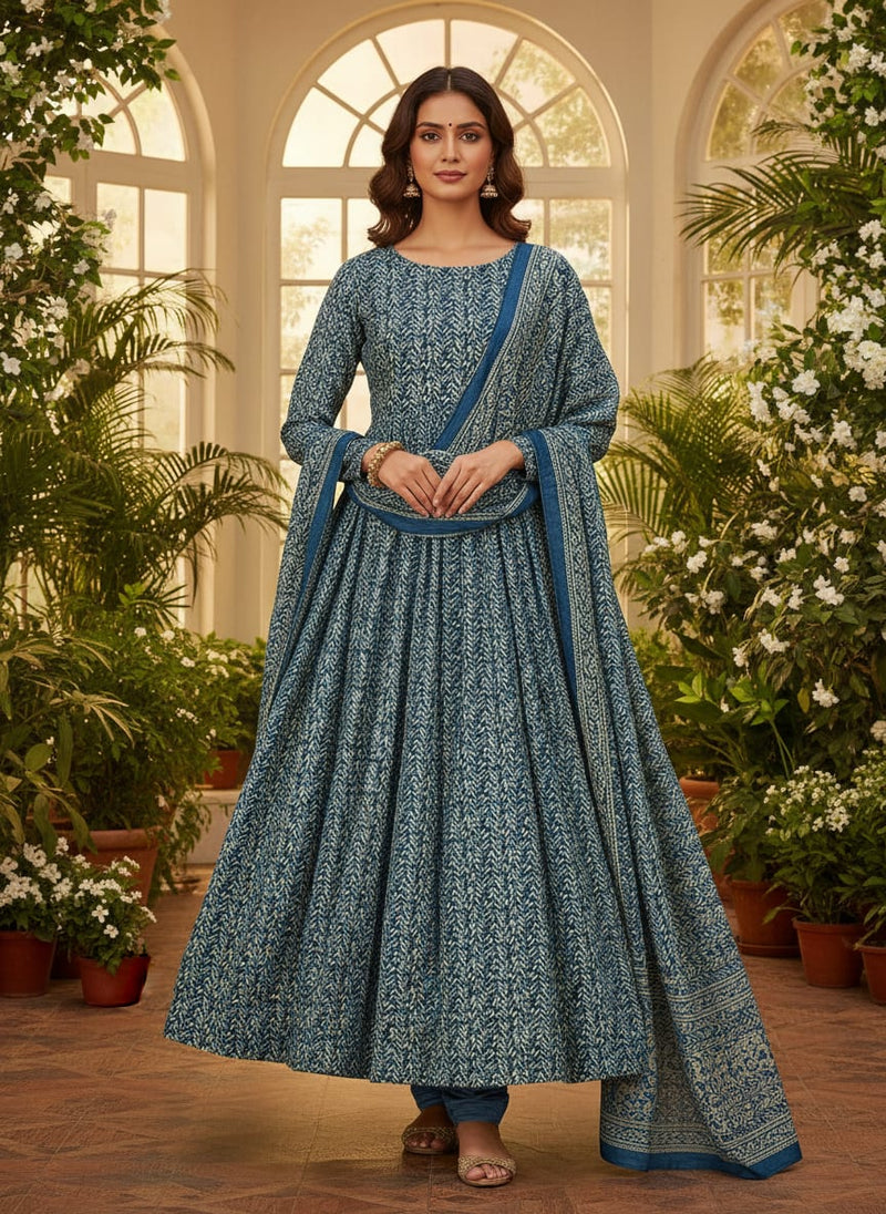 Beautiful Valley Of Leaves With Blue Digital Printed Fabric - Upada Silk