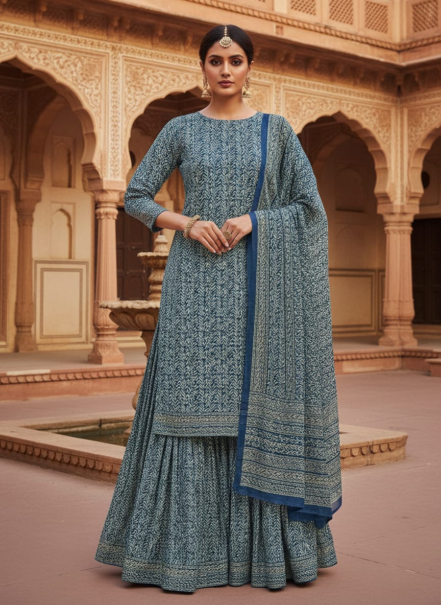 Beautiful Valley Of Leaves With Blue Digital Printed Fabric - Pure Georgette