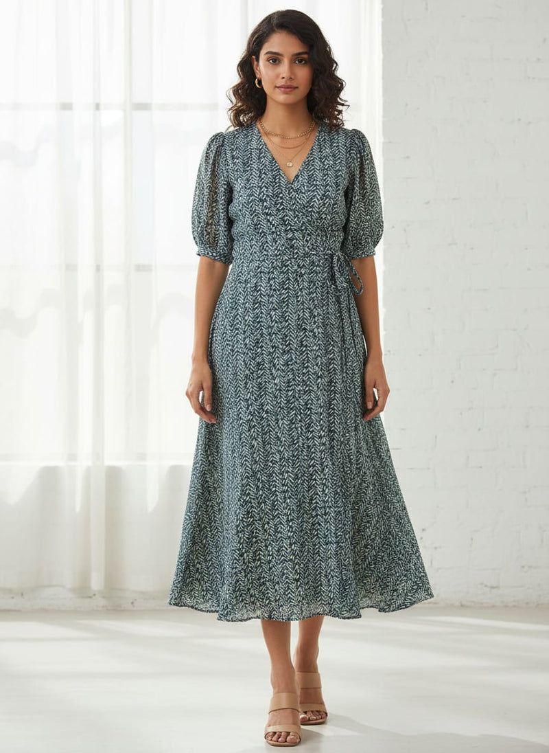 Beautiful Valley Of Leaves With Blue Digital Printed Fabric - Pure Georgette