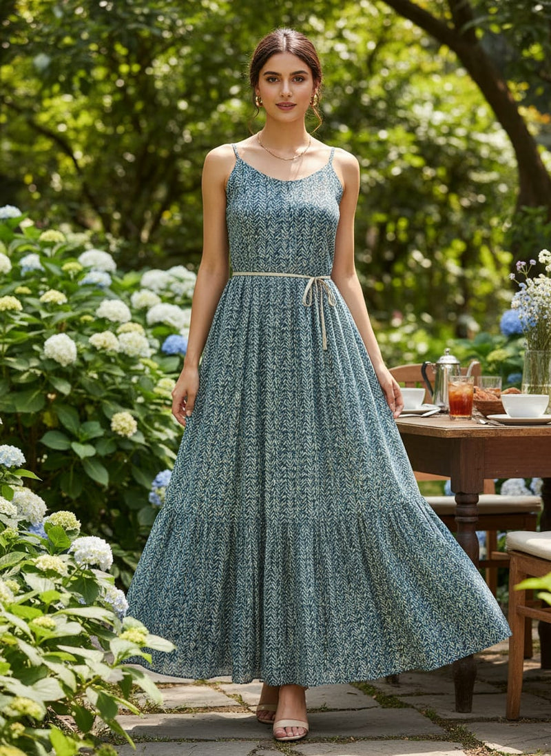 Beautiful Valley Of Leaves With Blue Digital Printed Fabric - Pure Georgette