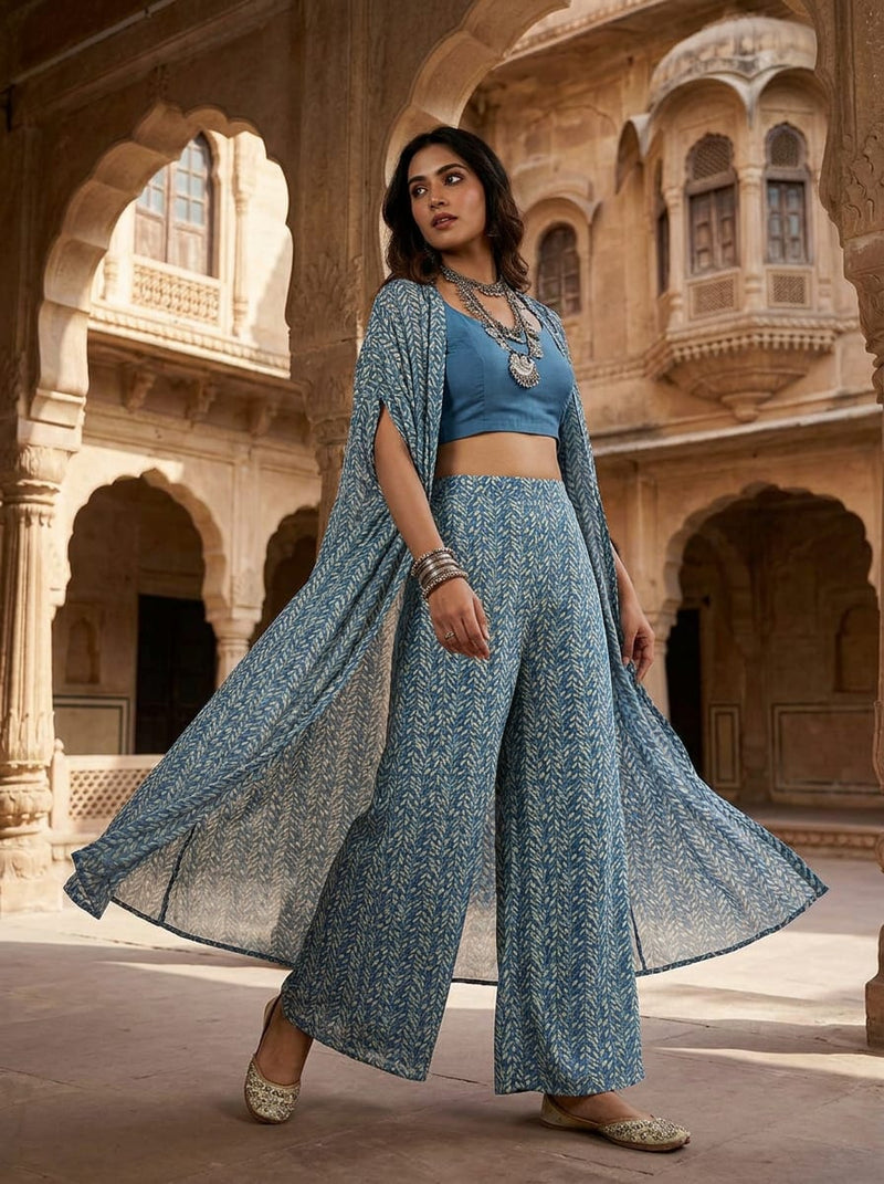 Blue Ethnic Botanical Leaf Vine Pure Georgette Digital Printed Fabric