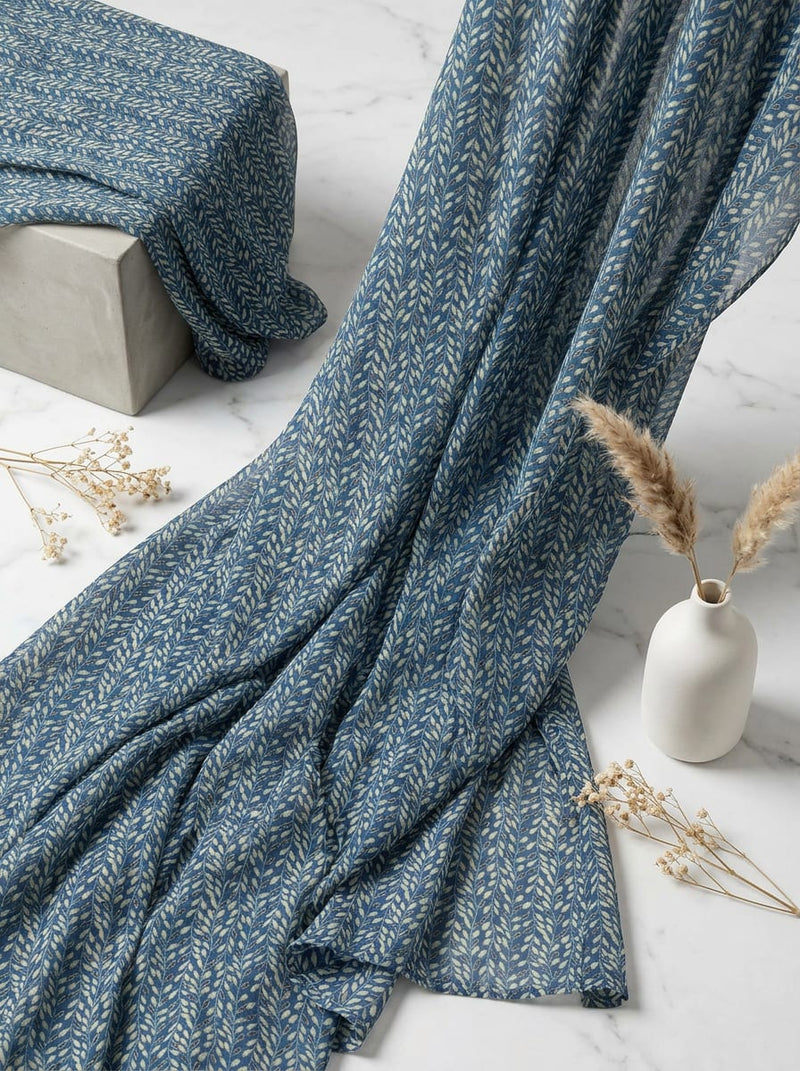 Blue Ethnic Botanical Leaf Vine Pure Georgette Digital Printed Fabric
