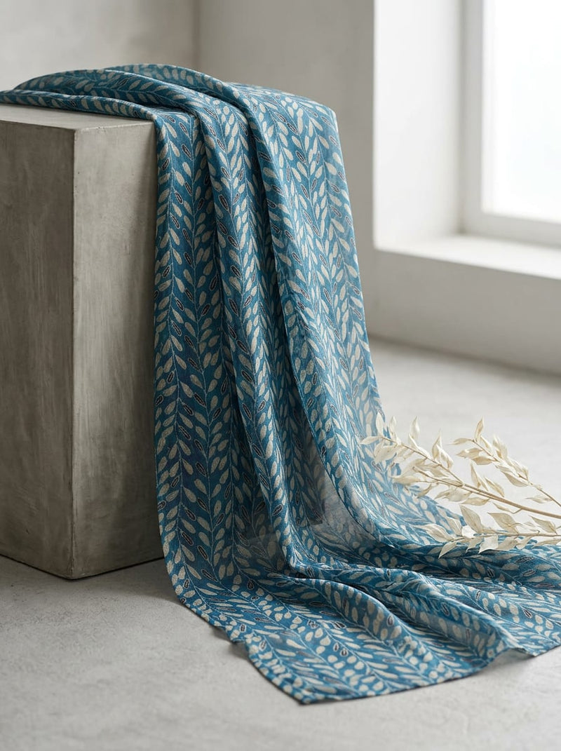Blue Ethnic Botanical Leaf Print Pure Chinon Digital Printed Fabric
