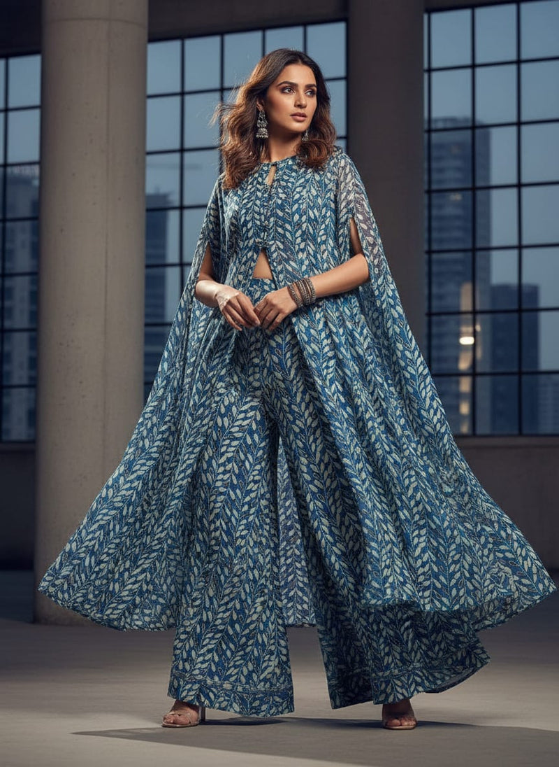 Beautiful Valley Of Leaves With Blue Digital Printed Fabric - Pure Chinon