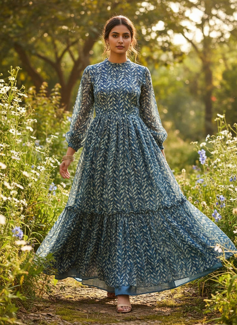Beautiful Valley Of Leaves With Blue Digital Printed Fabric - Pure Chinon