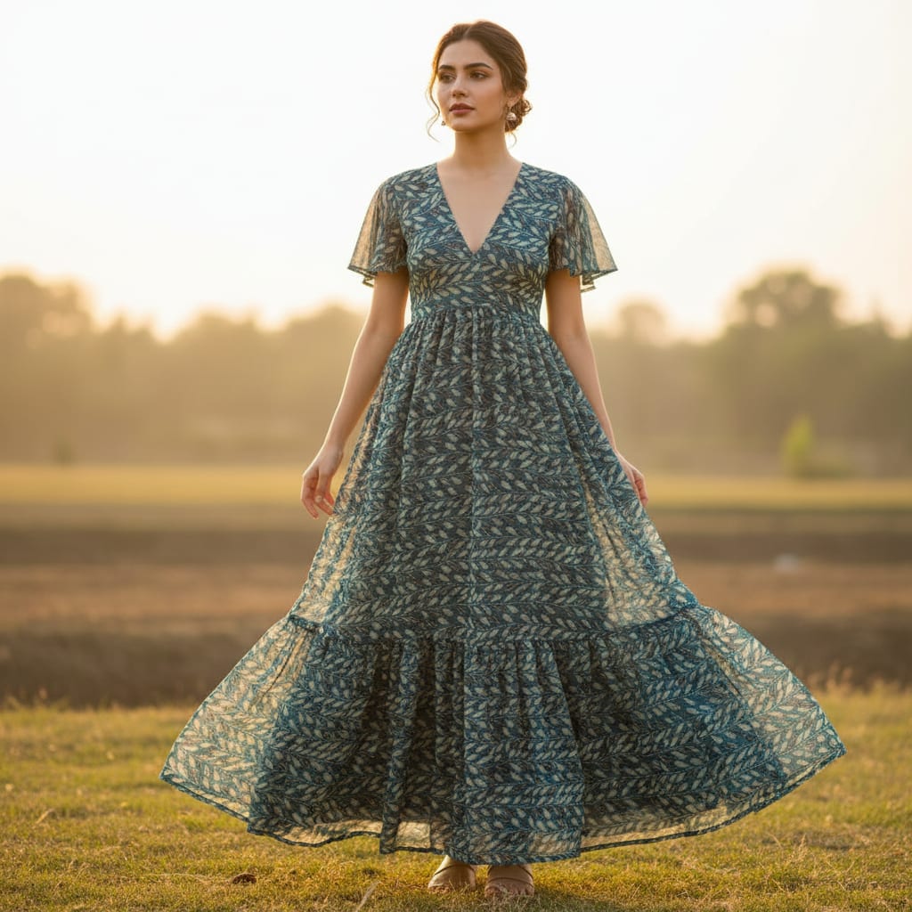 Beautiful Valley Of Leaves With Blue Digital Printed Fabric - Pure Chiffon