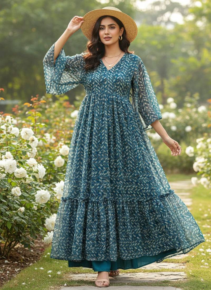 Beautiful Valley Of Leaves With Blue Digital Printed Fabric - Pure Chiffon