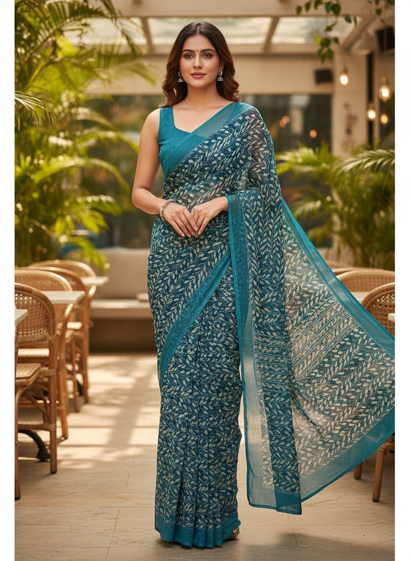Beautiful Valley Of Leaves With Blue Digital Printed Fabric - Pure Chiffon