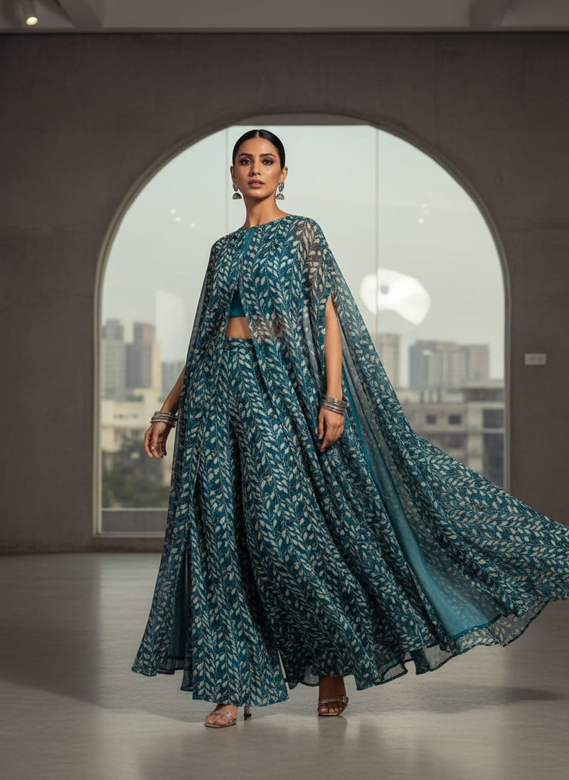 Beautiful Valley Of Leaves With Blue Digital Printed Fabric - Pure Chiffon