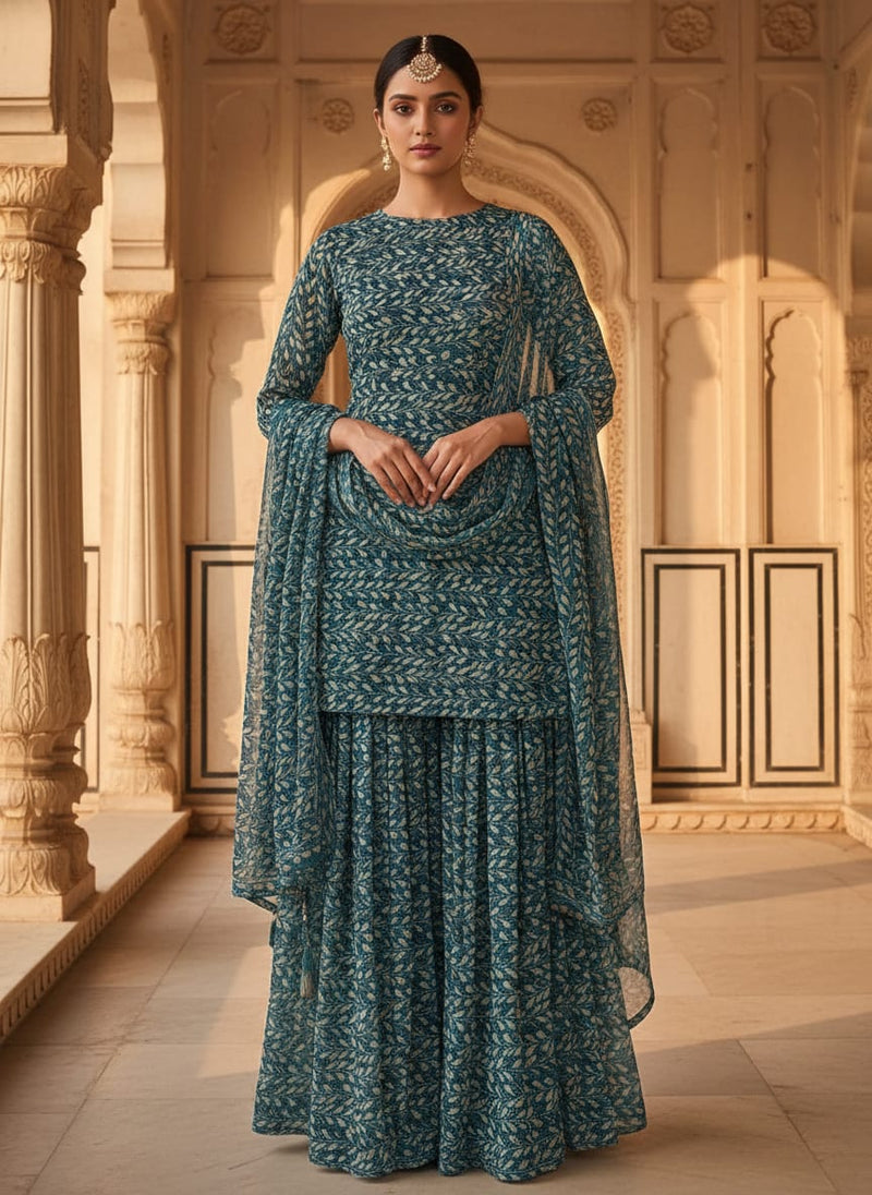 Beautiful Valley Of Leaves With Blue Digital Printed Fabric - Pure Chiffon