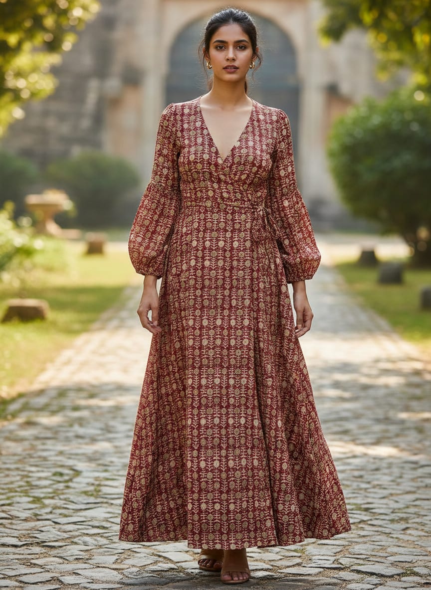Maroon Ethnic Botanical Motif Weightless Digital Printed Fabric