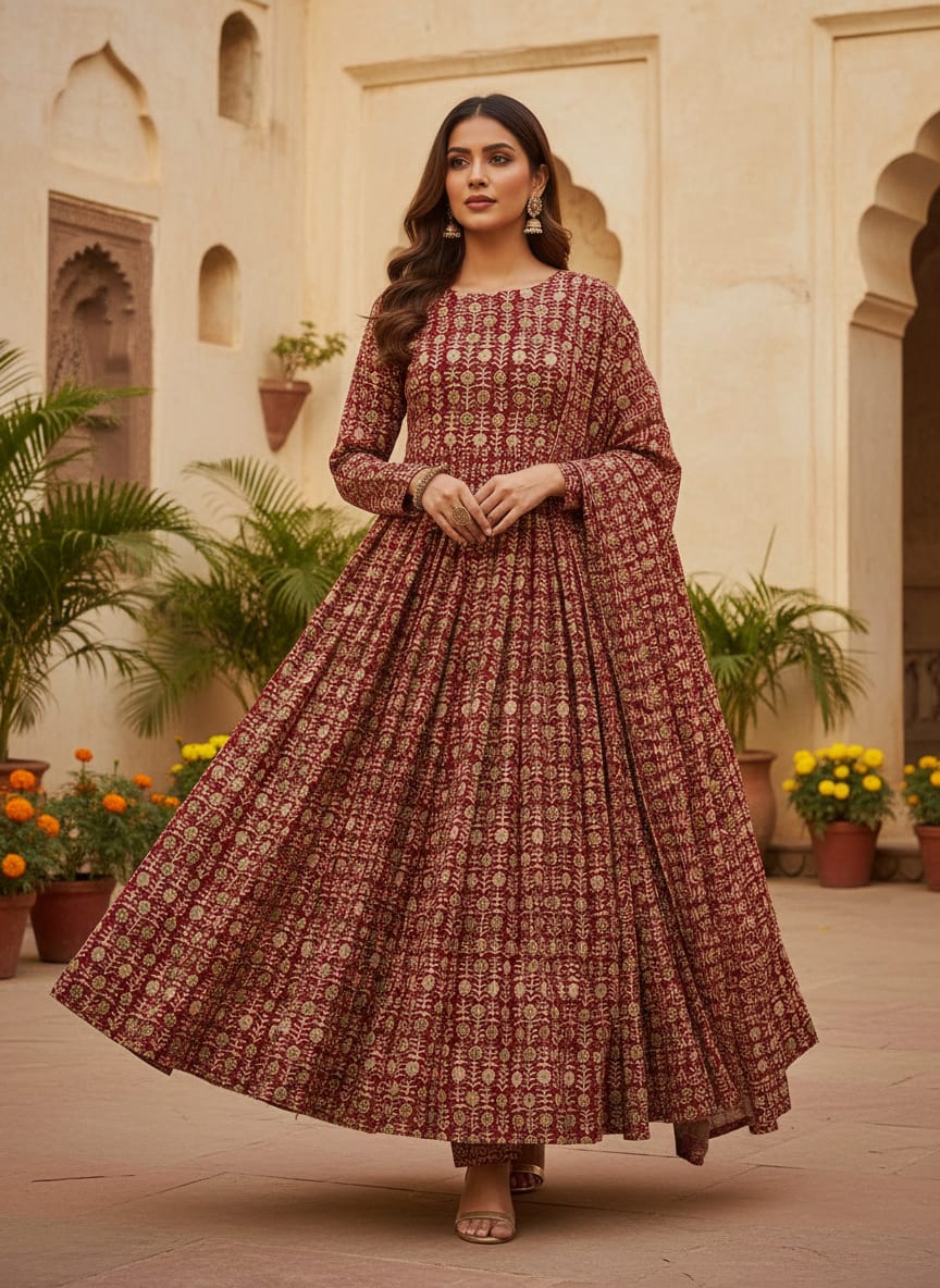 Maroon Ethnic Botanical Motif Weightless Digital Printed Fabric