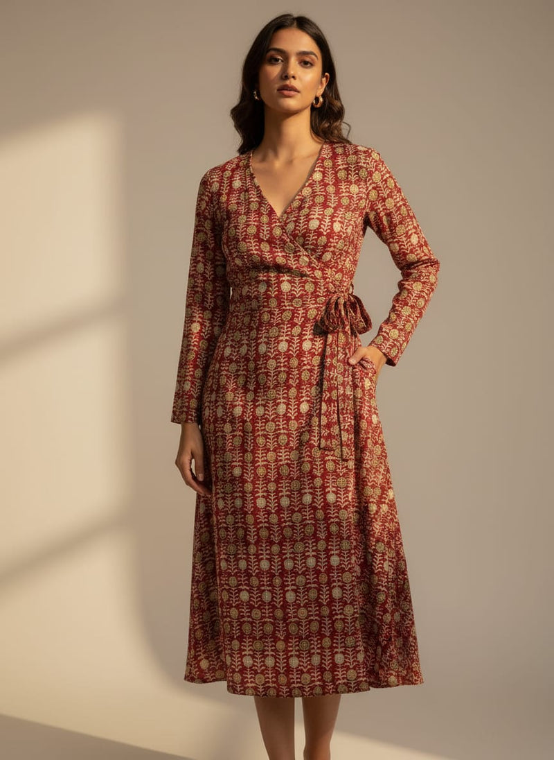 Maroon Ethnic Botanical Motif Silk Crepe Digital Printed Fabric