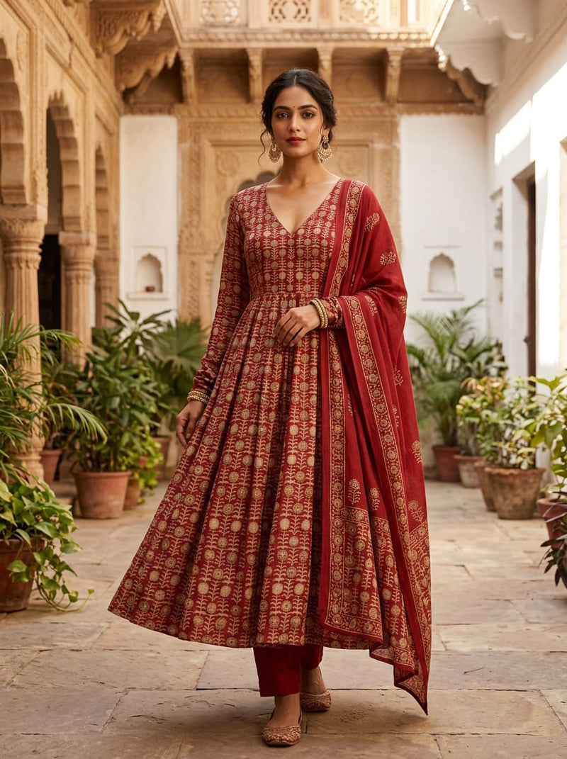 Maroon Ethnic Botanical Motif Silk Crepe Digital Printed Fabric