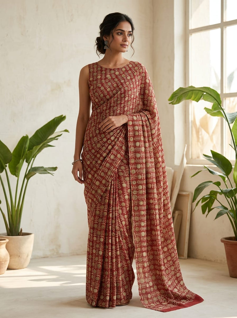 Maroon Ethnic Botanical Motif Silk Crepe Digital Printed Fabric