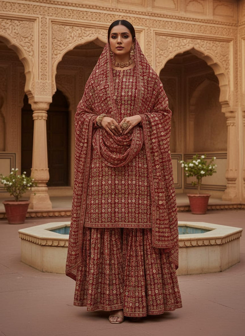 Red Ethnic Botanical Motif Pure Georgette Digital Printed Fabric