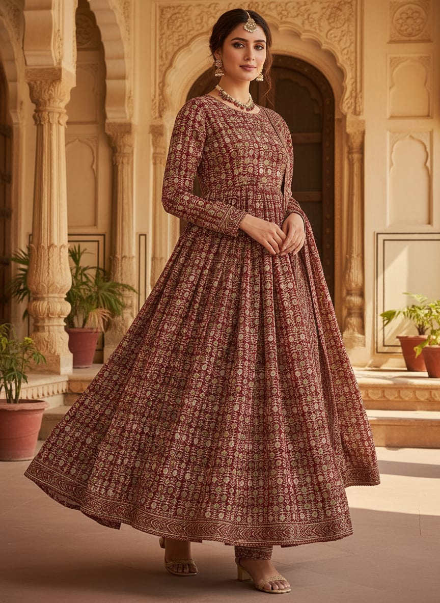 Maroon Ethnic Floral Jaal Pure Chinon Digital Printed Fabric