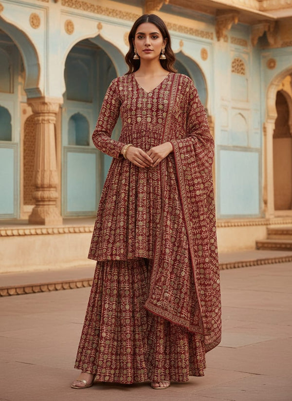 Maroon Ethnic Floral Jaal Pure Chinon Digital Printed Fabric - Sharara Set Lookbook - PC-0-MA0345-106 - alternate view