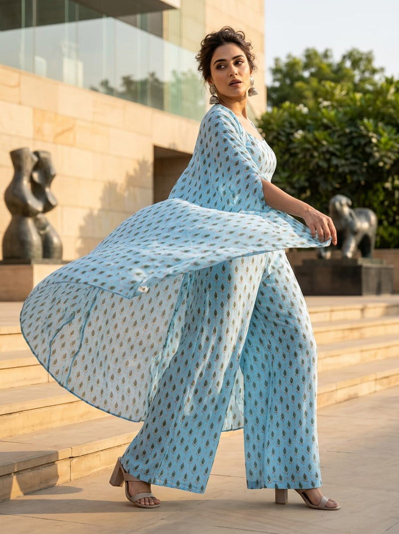 Blue Small Ethnic Buti Weightless Digital Printed Fabric