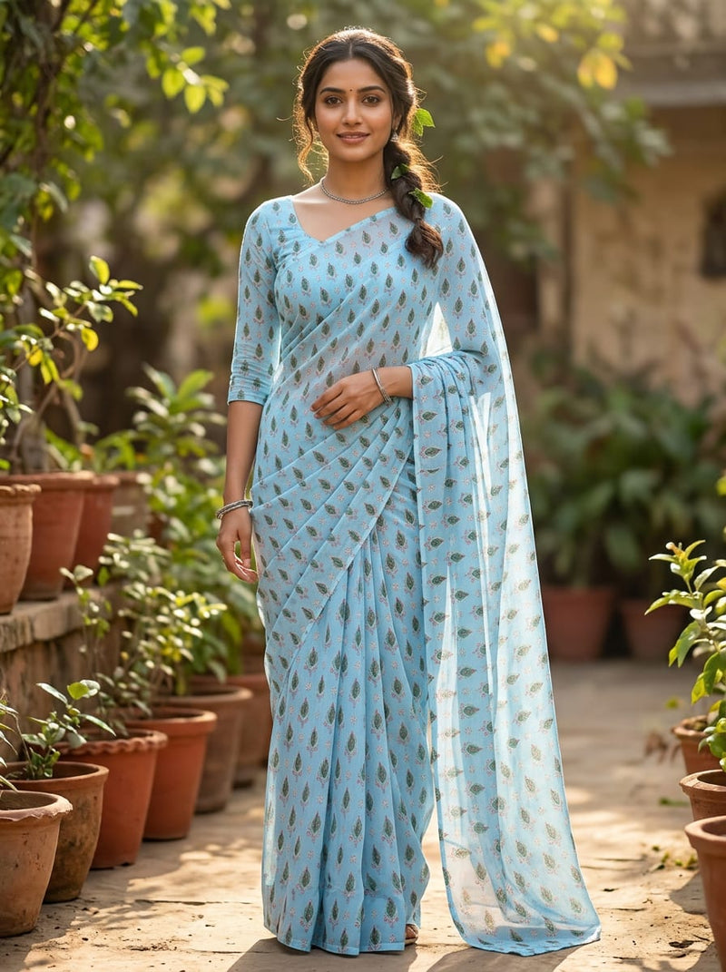 Blue Small Ethnic Buti Weightless Digital Printed Fabric