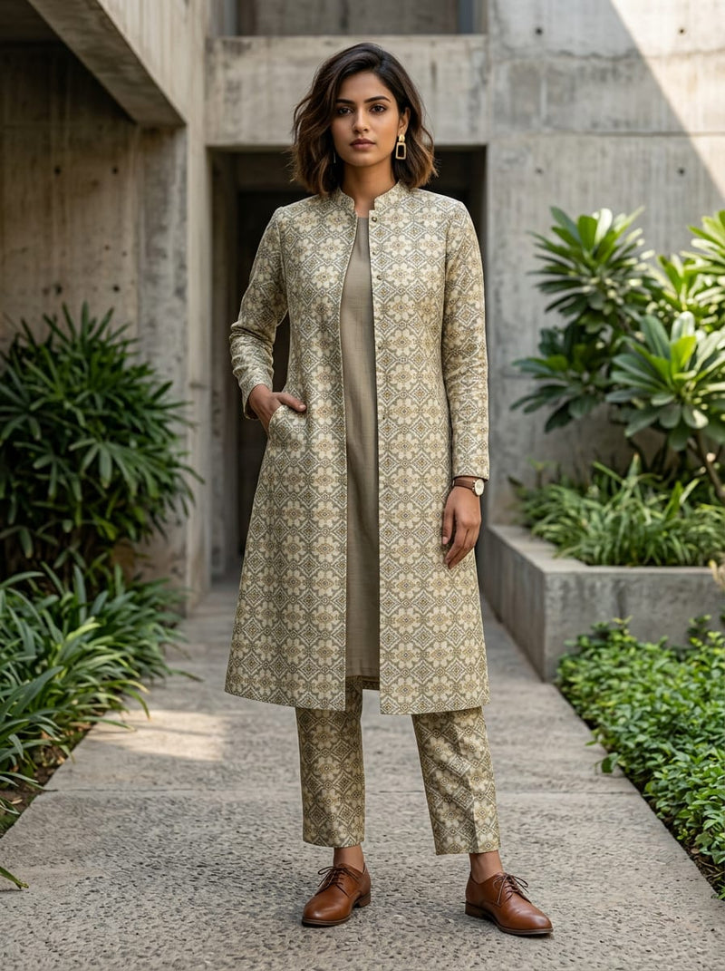 Cream Ethnic Geometric Damask Pattern Kora Silk Digital Printed Fabric