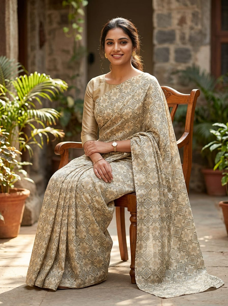 Cream Ethnic Geometric Damask Pattern Kora Silk Digital Printed Fabric