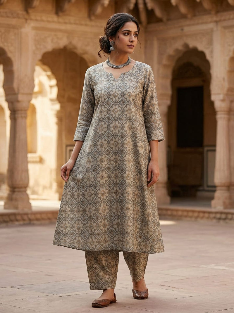 Cream Ethnic Geometric Damask Pattern Kora Silk Digital Printed Fabric