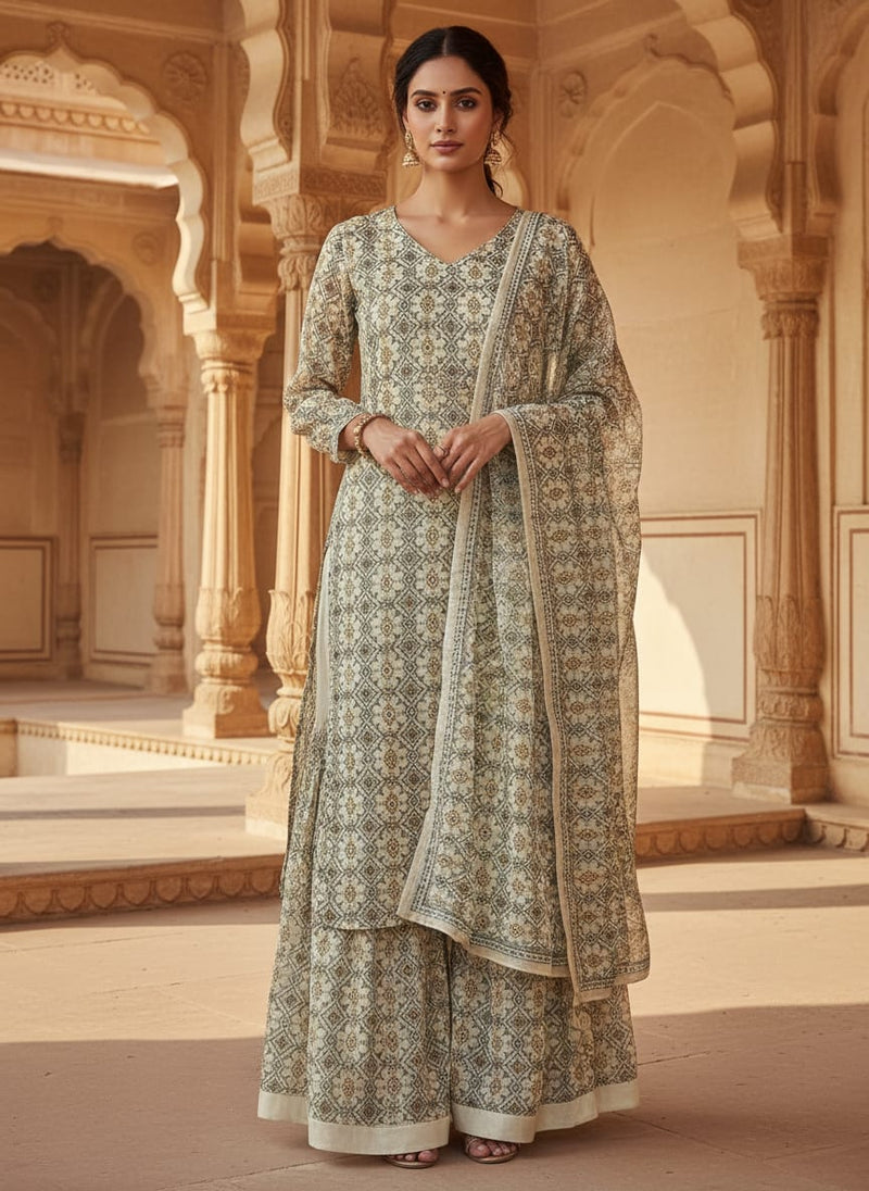 Cream Ethnic Geometric Damask Pure Chiffon Digital Printed Fabric