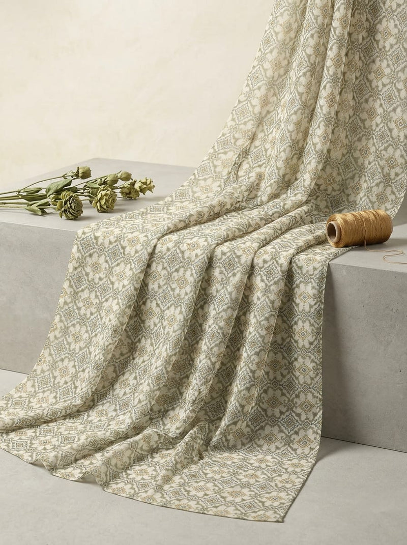 Cream Ethnic Geometric Damask Pure Chiffon Digital Printed Fabric