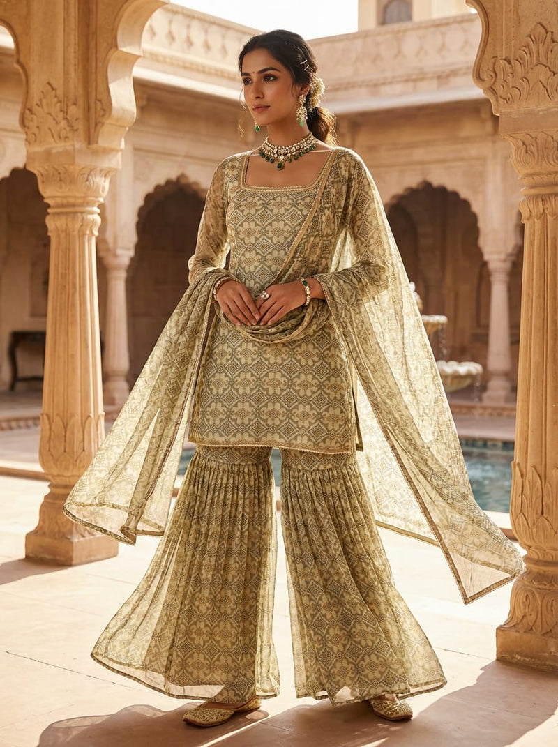 Cream Ethnic Geometric Damask Pure Chiffon Digital Printed Fabric