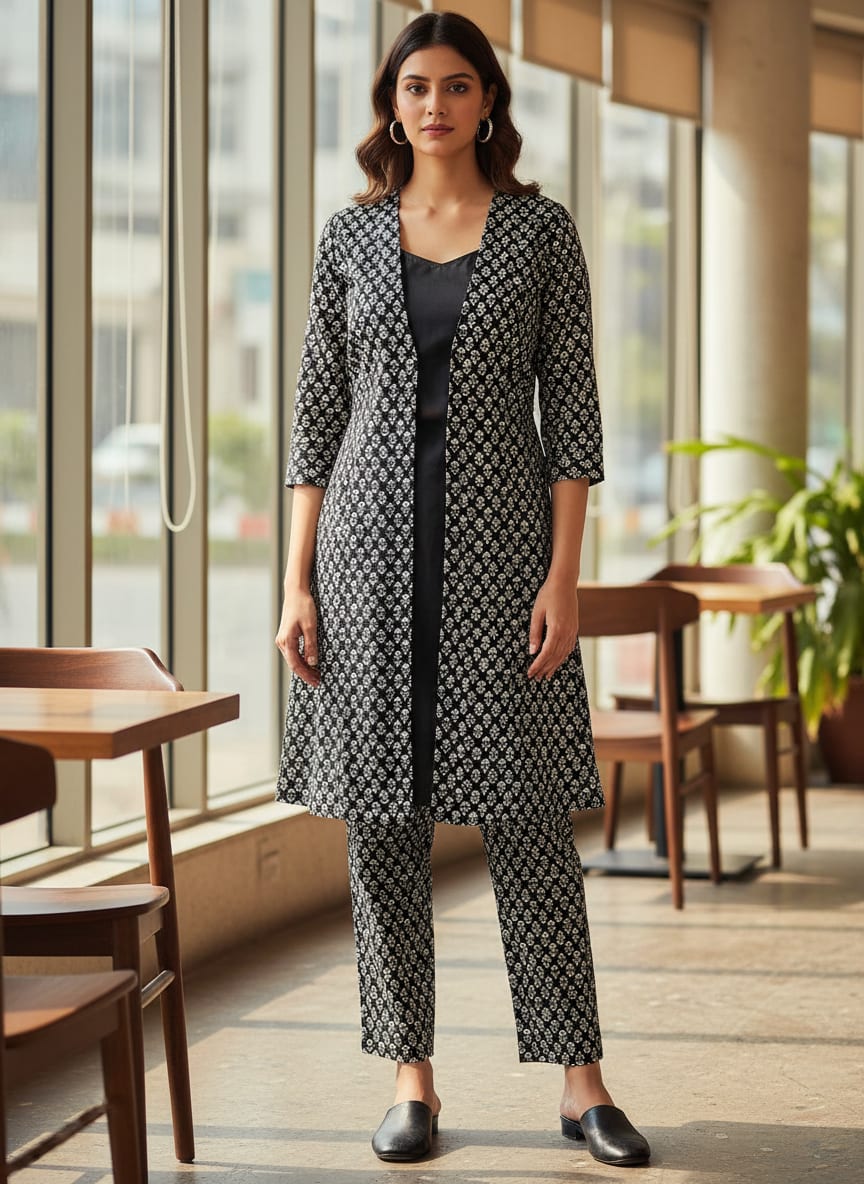 Black Monochrome Ethnic Buti Print Kora Silk Digital Printed Fabric