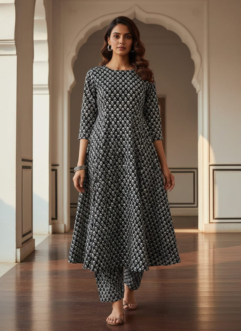 Black Monochrome Ethnic Buti Print Kora Silk Digital Printed Fabric
