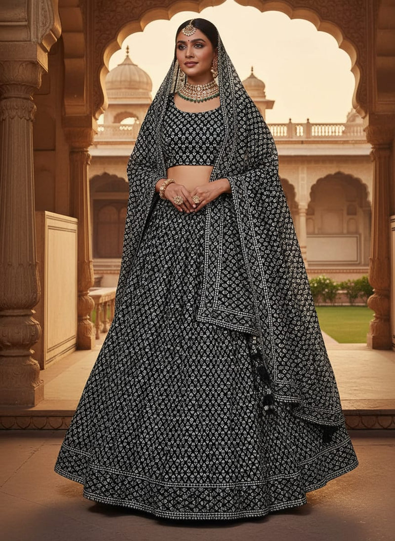 Black Monochrome Ethnic Buti Print Kora Silk Digital Printed Fabric