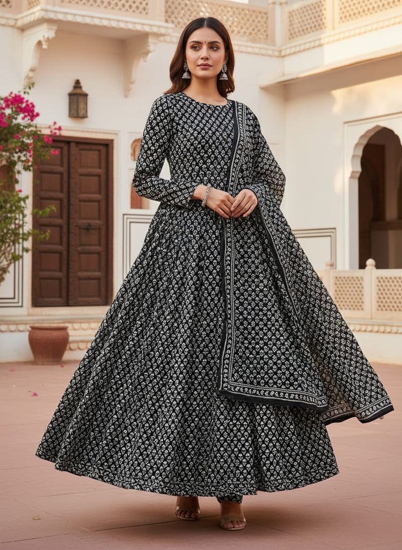 Black Small Floral Buti Motif Silk Crepe Digital Printed Fabric