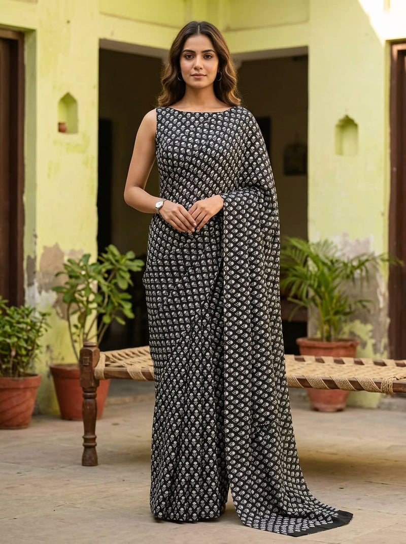 Black Small Floral Buti Motif Silk Crepe Digital Printed Fabric