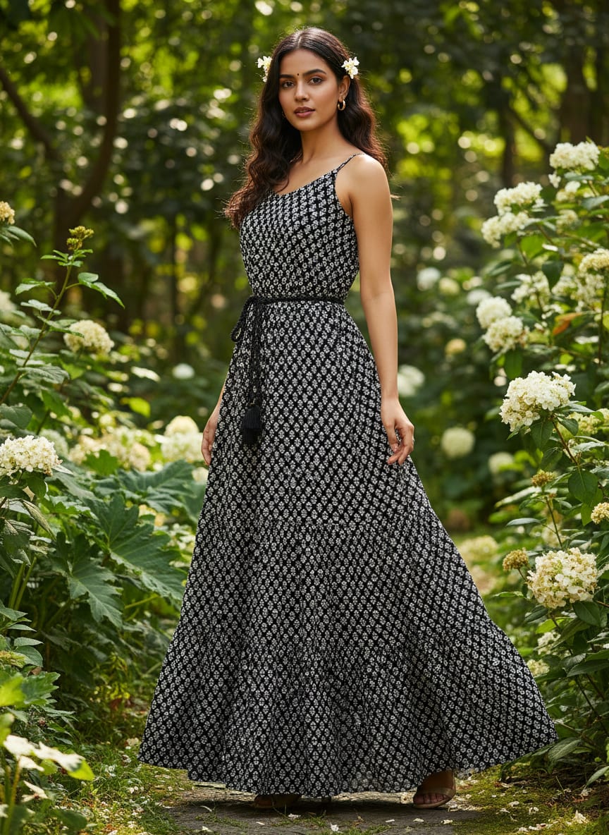 Black Monochrome Ethnic Buti Print Pure Georgette Digital Printed Fabric