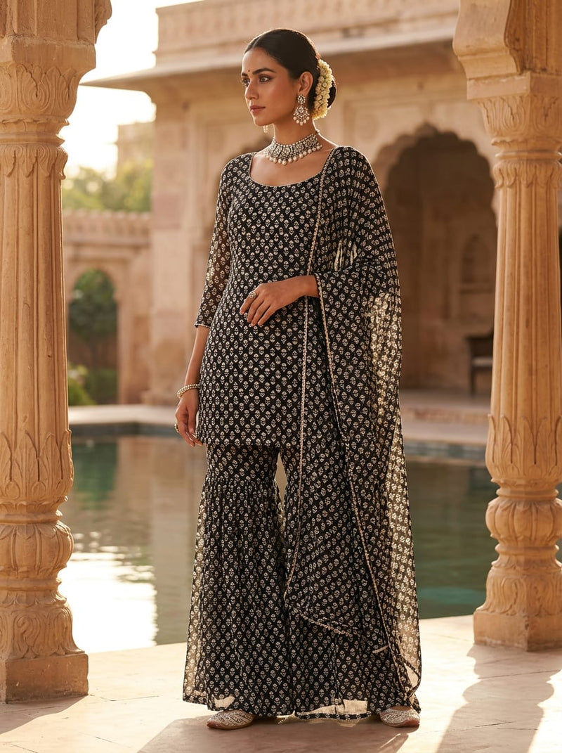 Black Monochrome Ethnic Buti Print Pure Georgette Digital Printed Fabric