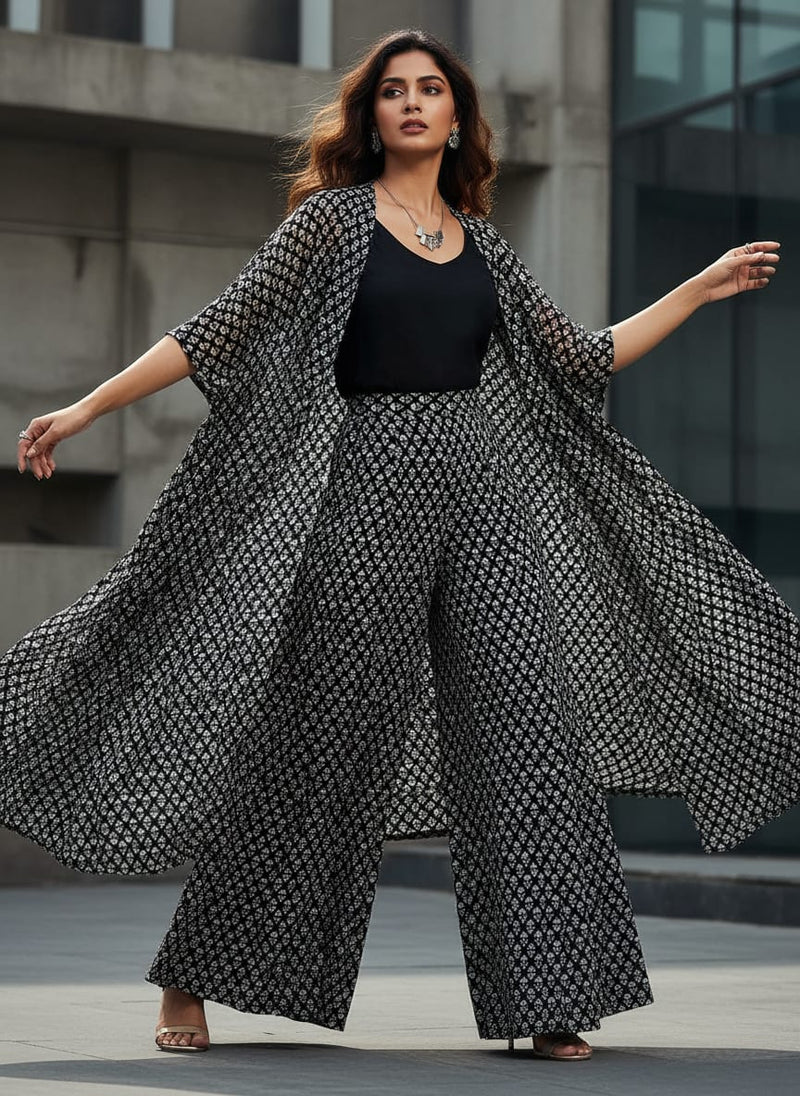 Black Monochrome Ethnic Buti Print Pure Georgette Digital Printed Fabric