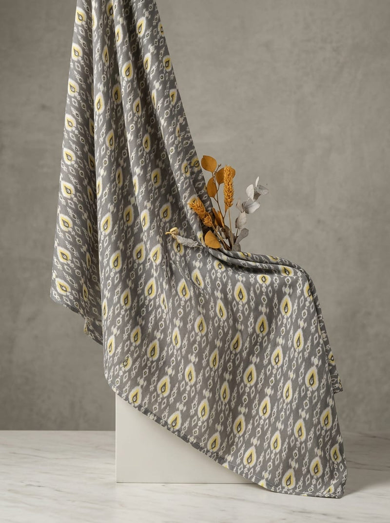 Grey and Yellow Ethnic Ikat Pattern Weightless Digital Printed Fabric