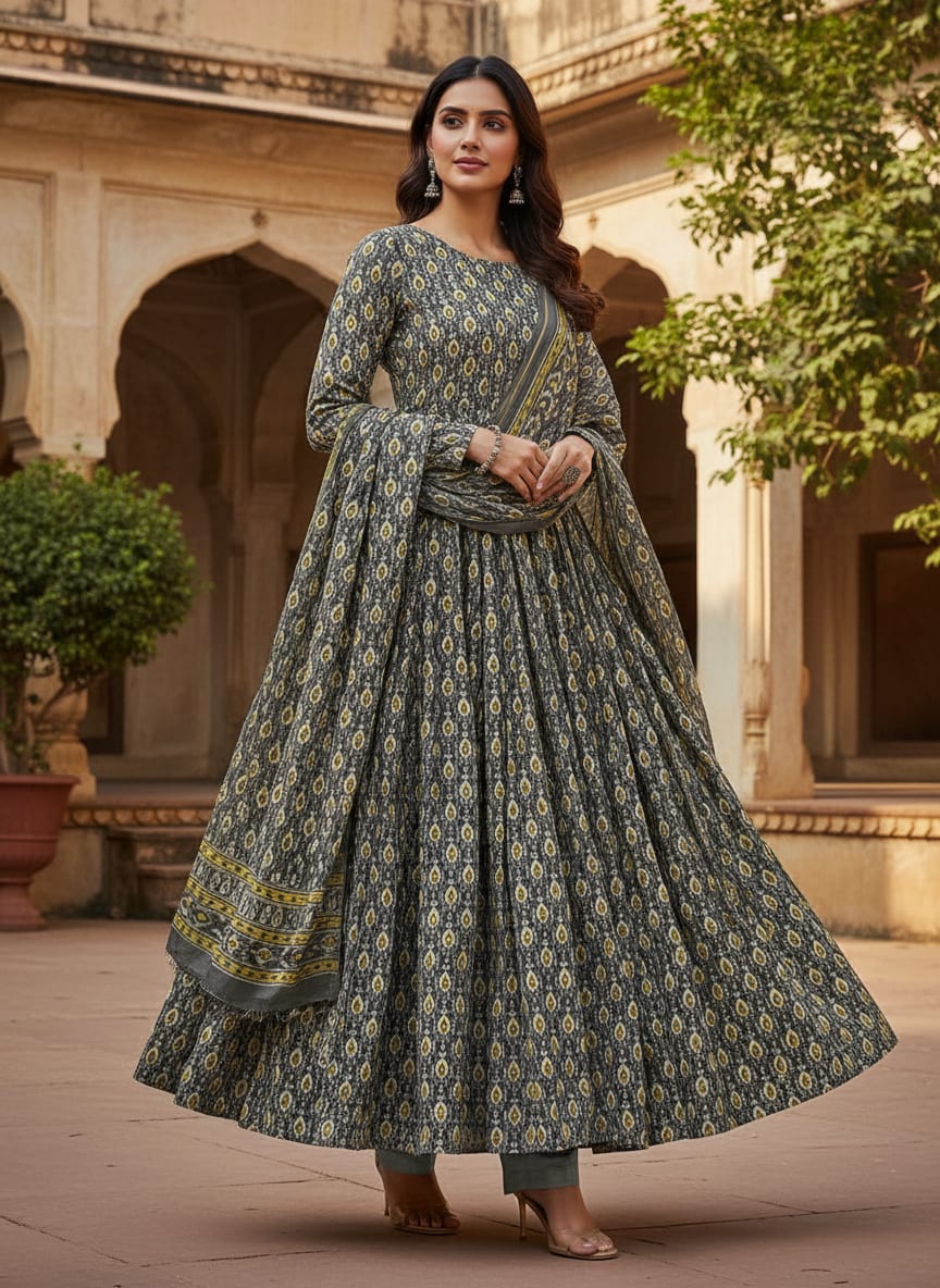 Grey Ethnic Ikat Style Pattern Upada Silk Digital Printed Fabric