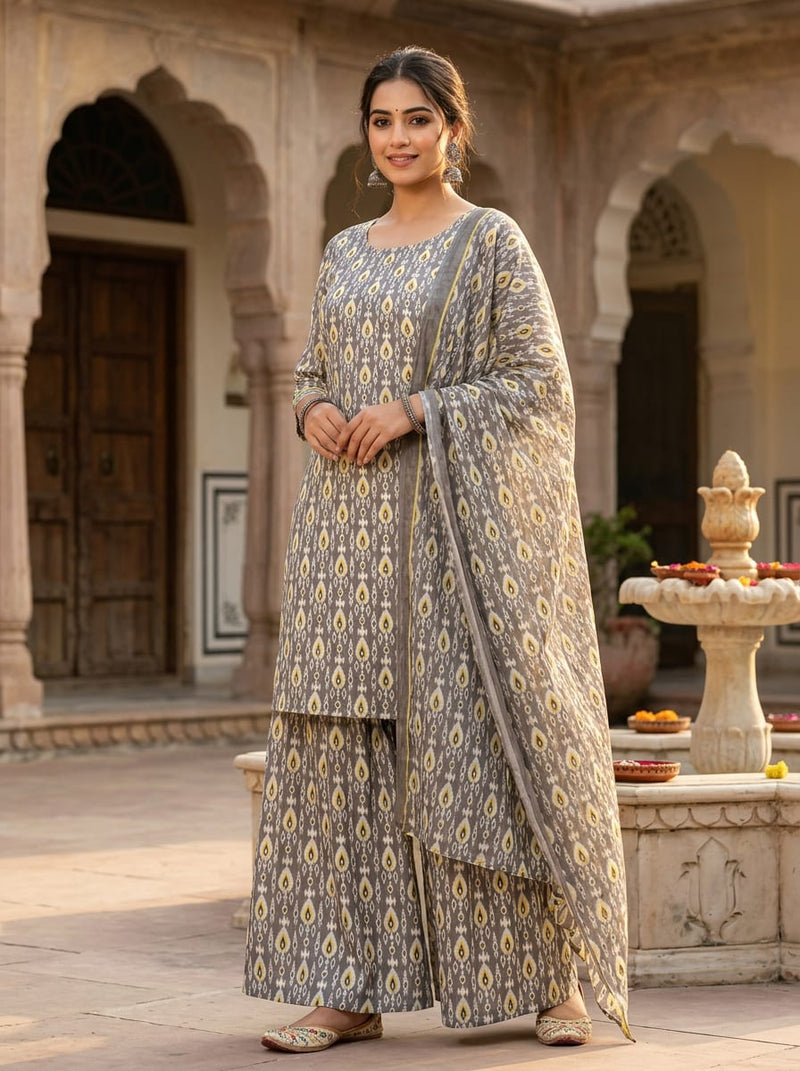 Grey Ethnic Ikat Style Pattern Upada Silk Digital Printed Fabric